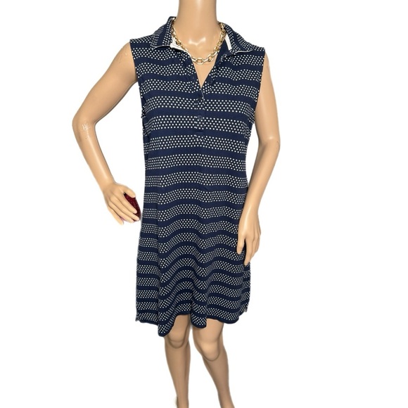 LANDS END Women’s Coastal Navy Stripe Polo Dress Sleeveless Collared Preppy Sz M - Picture 2 of 10